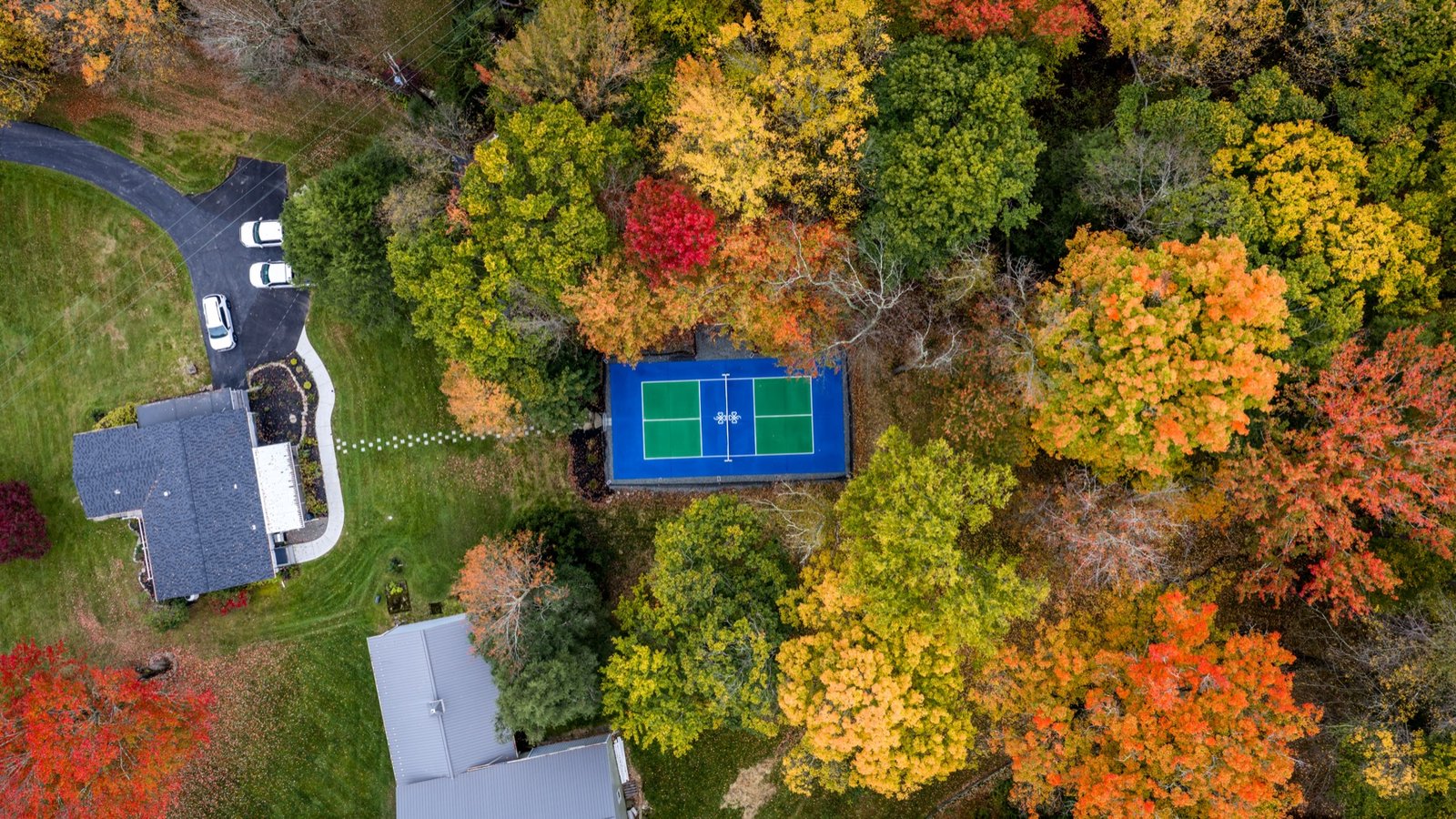 Home and sport court surrounded by fall trees